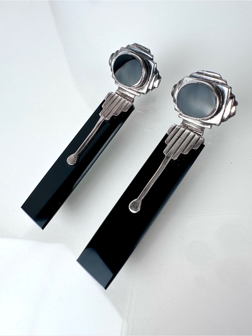 Vintage 925 Sterling Silver Black Onyx Art Deco Architectural Earrings - Picture 8 of 12